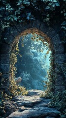 Stone Archway Leading to Forest Scenery with Vines