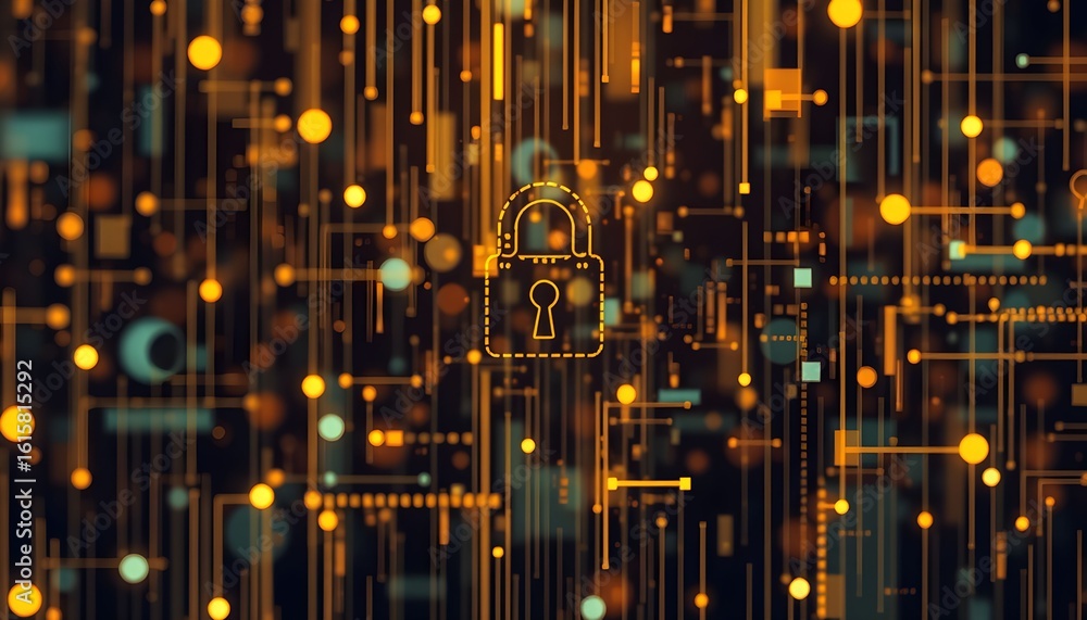 Poster digital padlock icon surrounded by abstract golden lines and shapes, representing cybersecurity and 