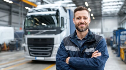 A mechanic smiles proudly inside a busy truck workshop, showcasing expertise in vehicle maintenance and repair. The well-organized space highlights tools and active work areas