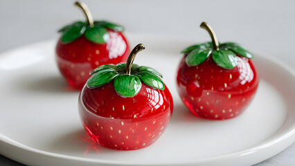 Love strawberries: Glossy red strawberry-shaped treats with stems on white plate
