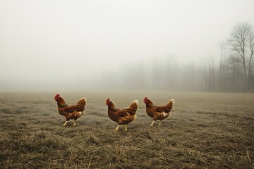 three chicken with reddish brown plumage, standing in a line across a field