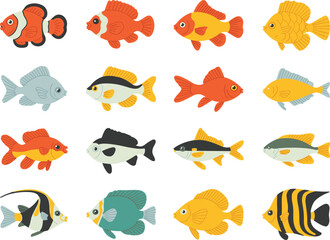 Fototapeta premium Colorful Cartoon Fish Collection on White Background