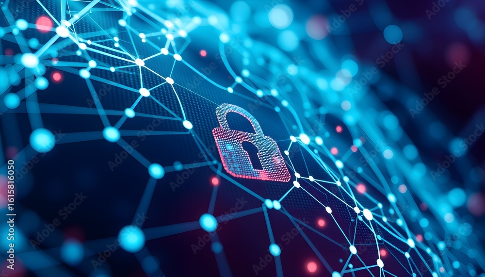 Poster cybersecurity network protection: a digital padlock secures a glowing network of interconnected node