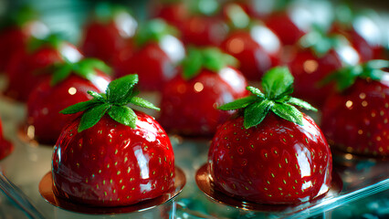 Love strawberries: Glossy strawberry-shaped desserts lined up with vibrant colors
