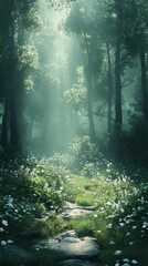 Walking Path Through a Mystical Forest with Sunbeams