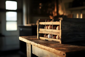 a wooden egg container sitting on a rustic wooden table