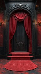 Elaborate Dark Doorway with Red Carpet and Drapes