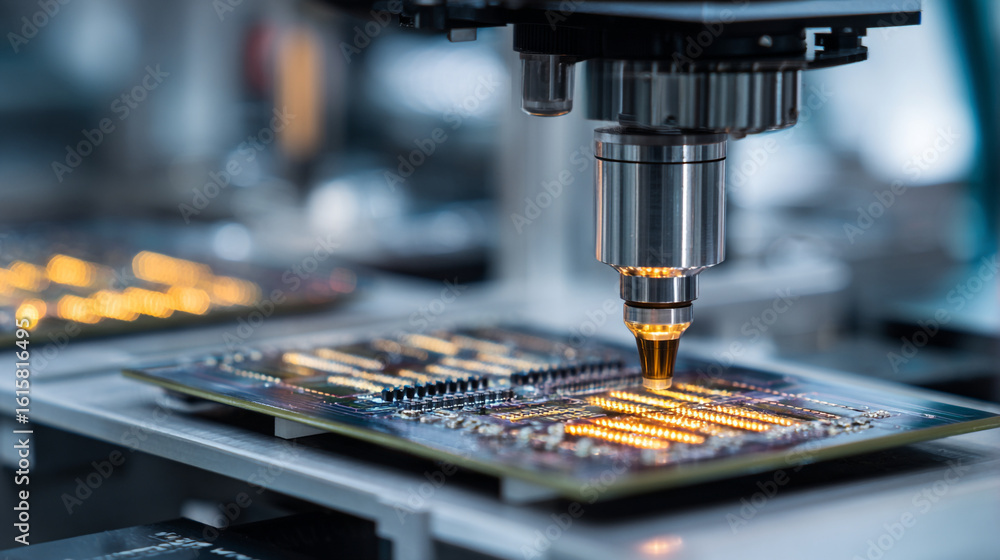 Poster automated machine precisely soldering components onto a circuit board in factory