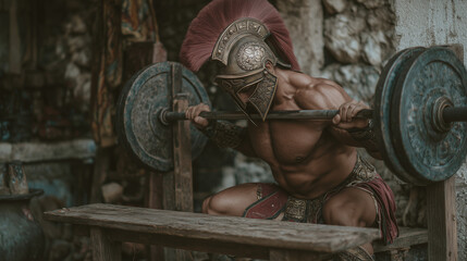 ancient spartan gladiator working out in squat position in modern gym. ai generated photo
