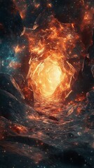 Glowing Space Cave with Cosmic Energy and Rock Formations