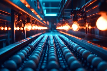 a close up of a conveyor belt carrying a large number of eggs, arranged neatly in rows