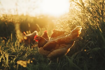 in a field of tall grass illuminated by the glow of a setting sun, a few chicken stand among the verdant blades