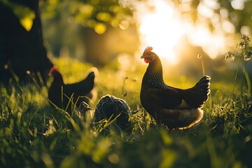 a group of fowl in a grassy field, basking in the warm glow of sunlight