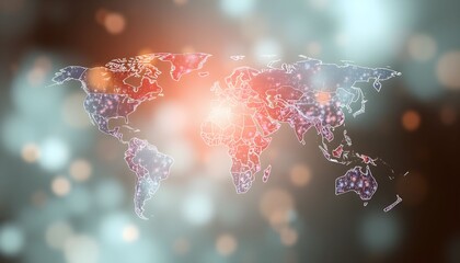 Abstract world map illustration with a glowing central light source and blurred background.