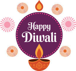 Happy Diwali Greeting with Lamps and Decorative Sunbursts on White