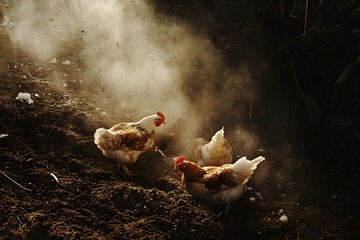 three fowl in an earthy environment filled with diffused light