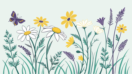 minimalist watercolor wildflower meadow pattern with yellow and white flowers