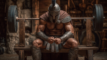 ancient spartan gladiator working out on bench press in modern gym. ai generated photo