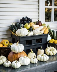 A bountiful autumn harvest display featuring pumpkins gourds and squashes on a rustic table