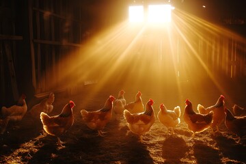 a group of chicken inside a rustic building