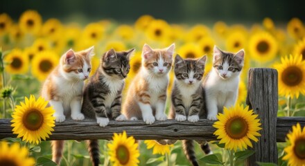 Five Adorable Kittens Sitting Together on a Rustic Wooden Fence Amidst a Vibrant Sunflower Field on a Sunny Day