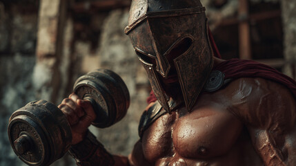 ancient spartan gladiator working out with dumbbells in modern gym. ai generated photo