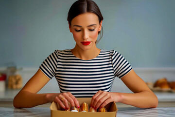 Woman selecting pastries from a box while sitting at kitchen table  