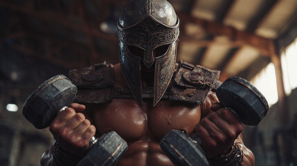 ancient spartan gladiator working out with dumbbells in modern gym. ai generated photo