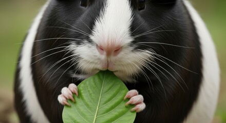 Adorable Guinea Pig Enjoying a Fresh Green Leaf Outdoors in the Daylight