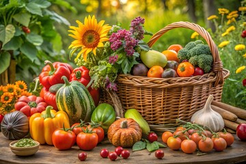 A bountiful harvest of fresh vegetables and fruits spilling from a wicker basket in the autumn garden