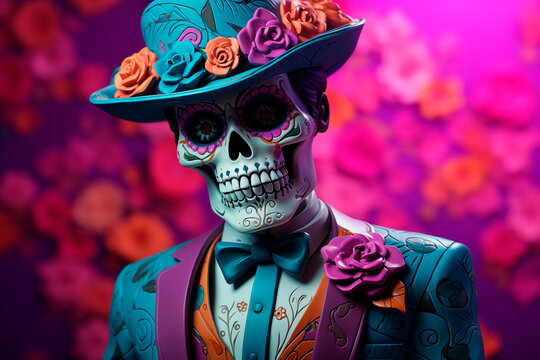Elegant catrin skull man in a suit and hat, symbol of Mexican Day of the Dead tradition and cultural celebration, illustration