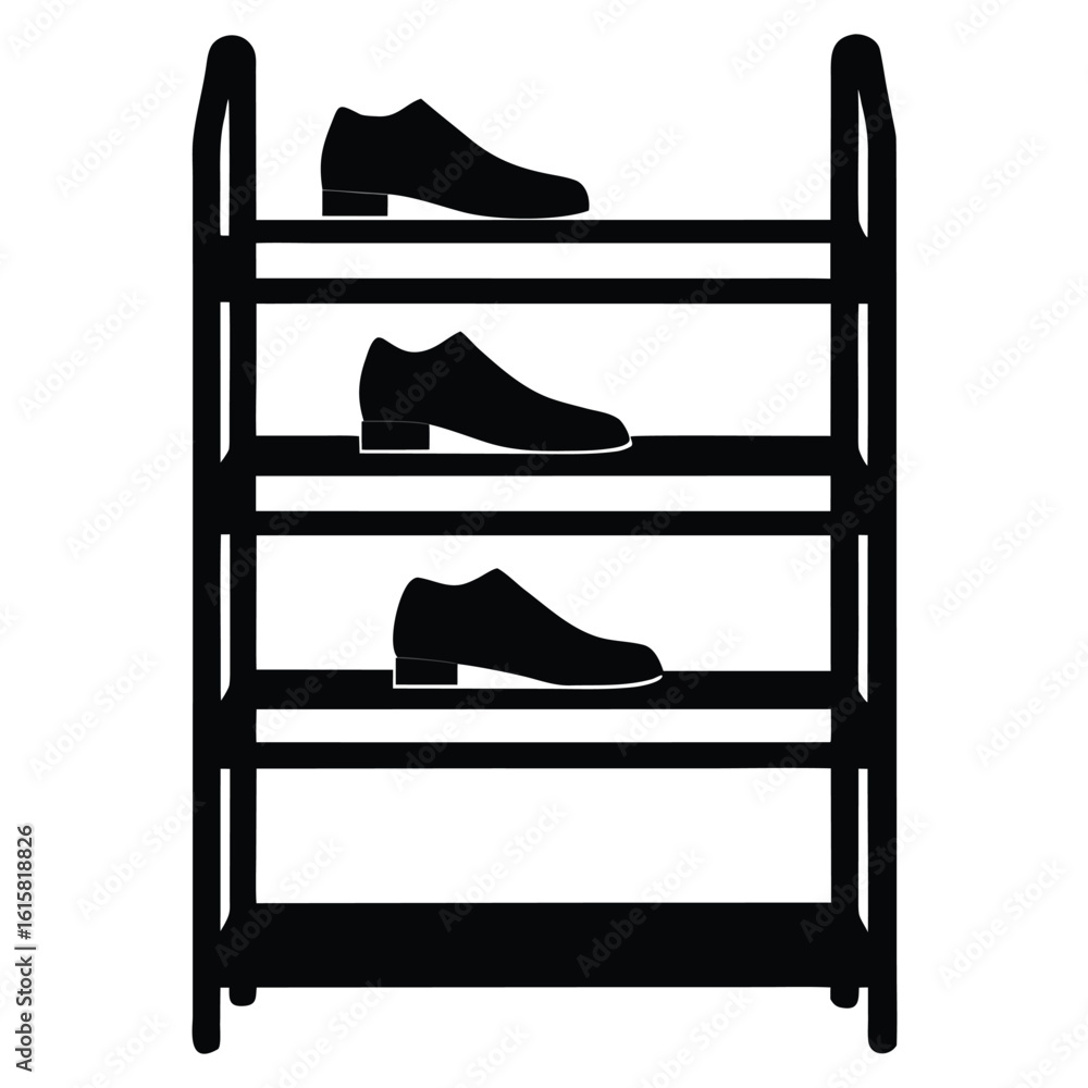Poster simple black silhouette of a multi tiered shoe rack with multiple pairs of shoes on each shelf isola