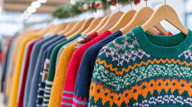 Colorful Christmas knit sweaters displayed in a retail store attract holiday shoppers looking for cozy gifts