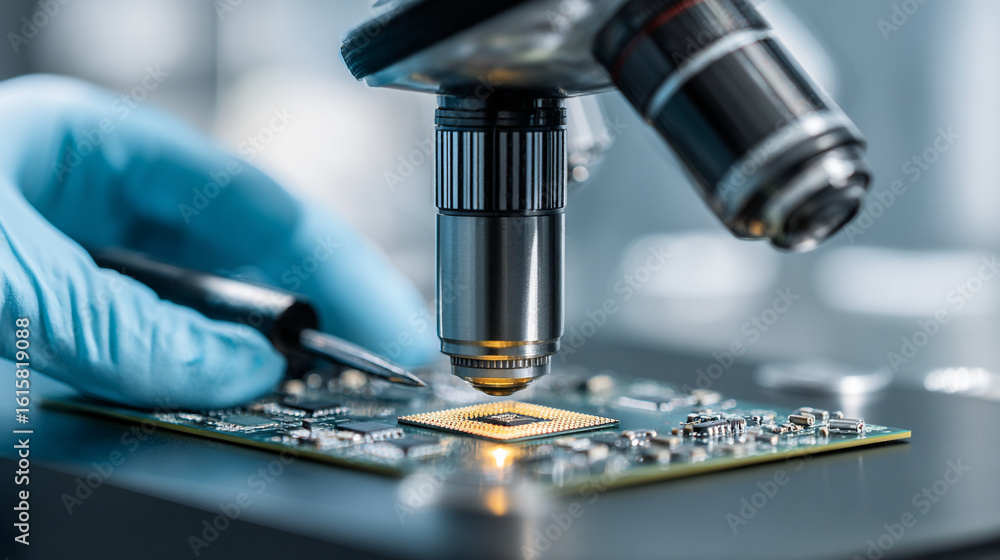 Aufkleber a gloved hand holding a tool near a cpu under a microscope in a laboratory setting