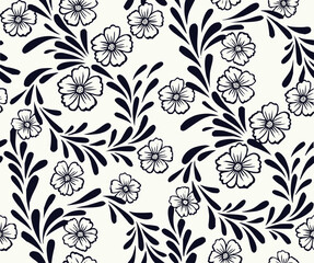 Floral pattern with white flowers and dark leaves arranged in a seamless repeat design on a light background