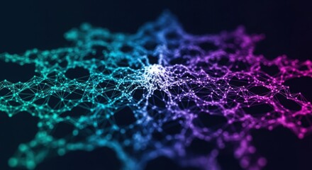 Abstract network of glowing interconnected nodes and lines illuminated with vibrant blue green and purple hues creating a futuristic digital art