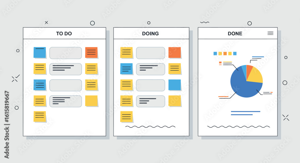 Poster Dynamic project management process with to-do, doing, and done kanban boards in flat style