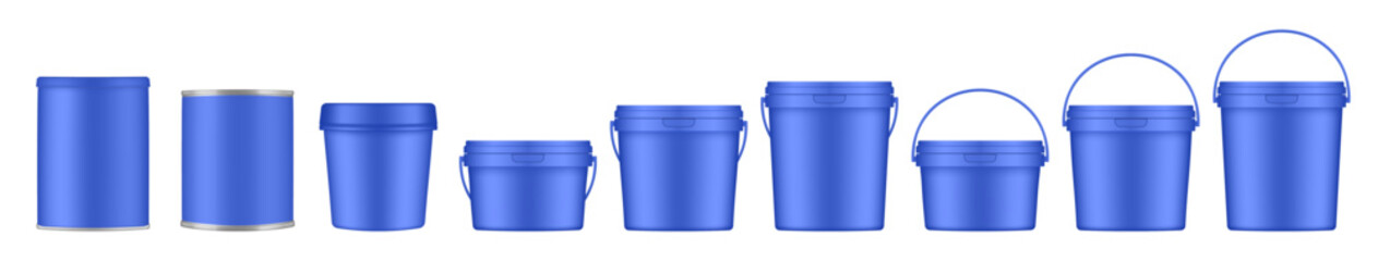 Blue buckets and tin jars. Mockup of plastic buckets with handle and lid. Small, medium and large sizes. Tin can