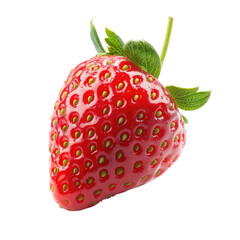 Close-up of a vibrant, fresh strawberry.  Plump, red fruit with small, green seeds.  Green leafy stem