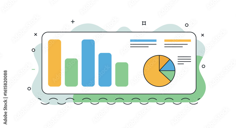 Poster colorful linear infographic with bar and pie charts on abstract background