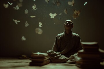 Fototapeta premium Buddhist monk in meditation surrounded by butterflies in a serene room with stacked books and soft lighting