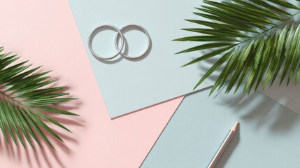 Interlocking Gold Rings with Green Leaves on Pastel Pink and Blue Background