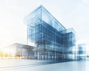 A glass building with a blueprinted image of the building