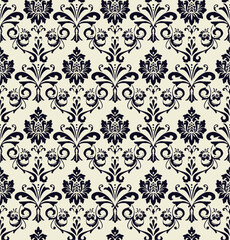 Elegant damask pattern with floral and foliate motifs in a dark color scheme on a light background design