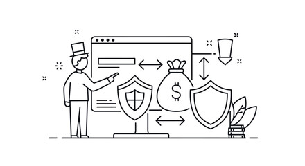 Businessman presenting financial protection concept with shield icons in linear style