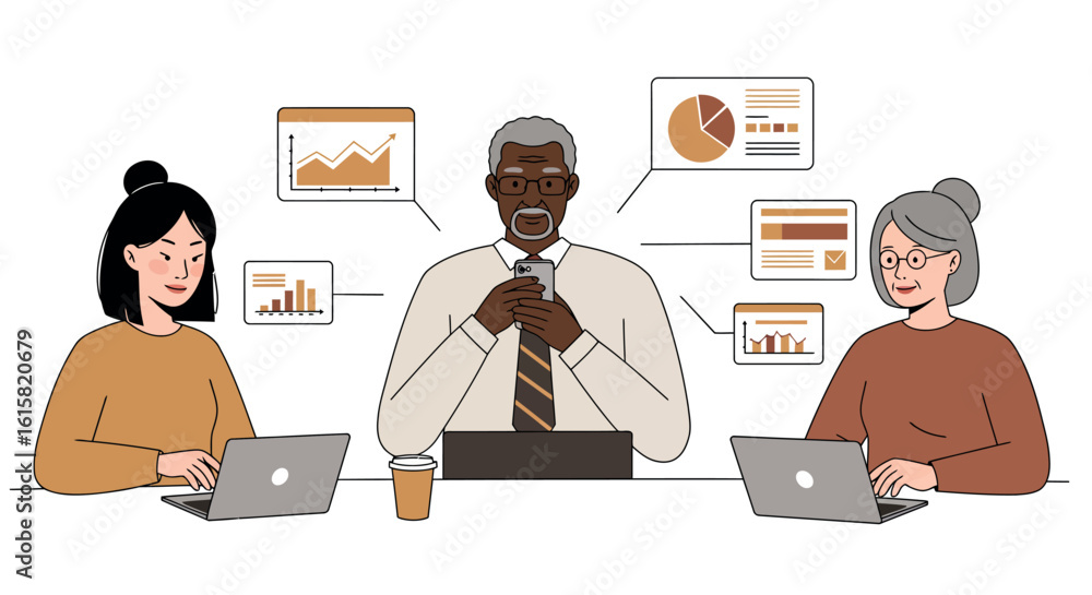 Poster team collaboration with technology and data visualization in office environment