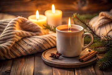 A cozy winter scene with a mug of warm beverage, candles, and festive decorations on a wooden table