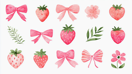 Colorful watercolor illustration of strawberries, bows, and flowers in a playful arrangement, ideal for coquette aesthetic, design and decor