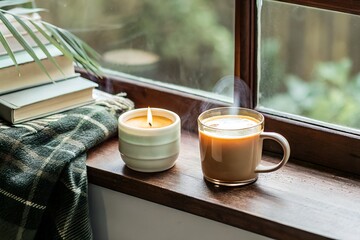 A cozy scene with a steaming cup of coffee, a lit candle, and a stack of books by the window