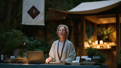 Food festival organizer preparing outdoor market with stalls